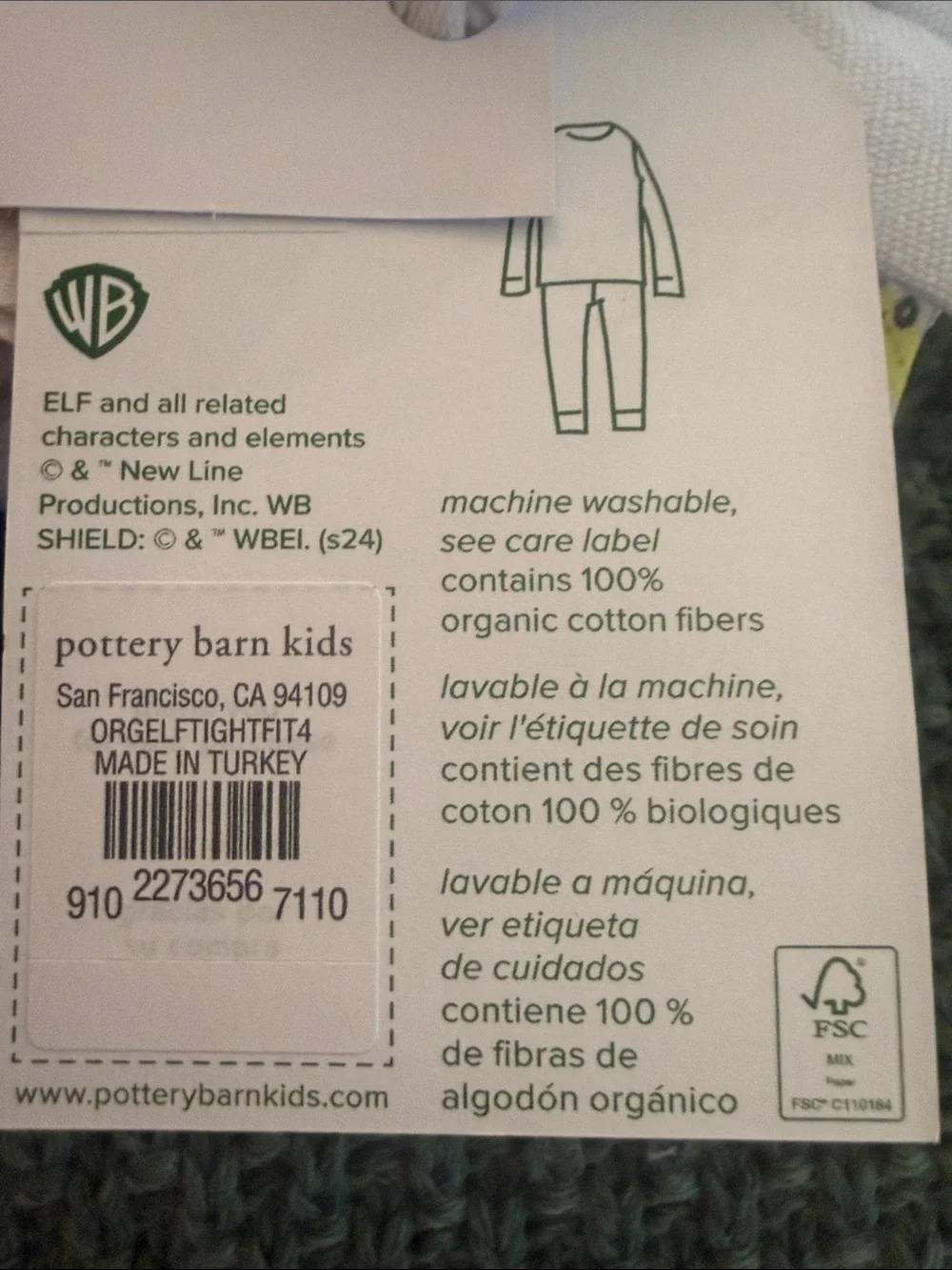 ELF the movie POTTERY BARN KIDS PBKOrganic Pajamas pj’s size 4 BRAND NEW
